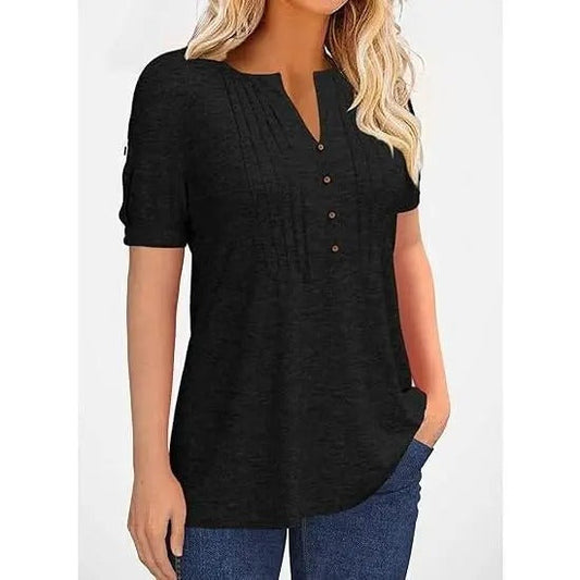 ✨【HOT SALE】Women’s V Neck T Shirt – Casual Pleated Button Top