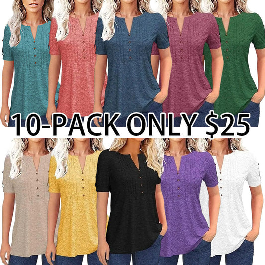 ✨【HOT SALE】Women’s V Neck T Shirt – Casual Pleated Button Top